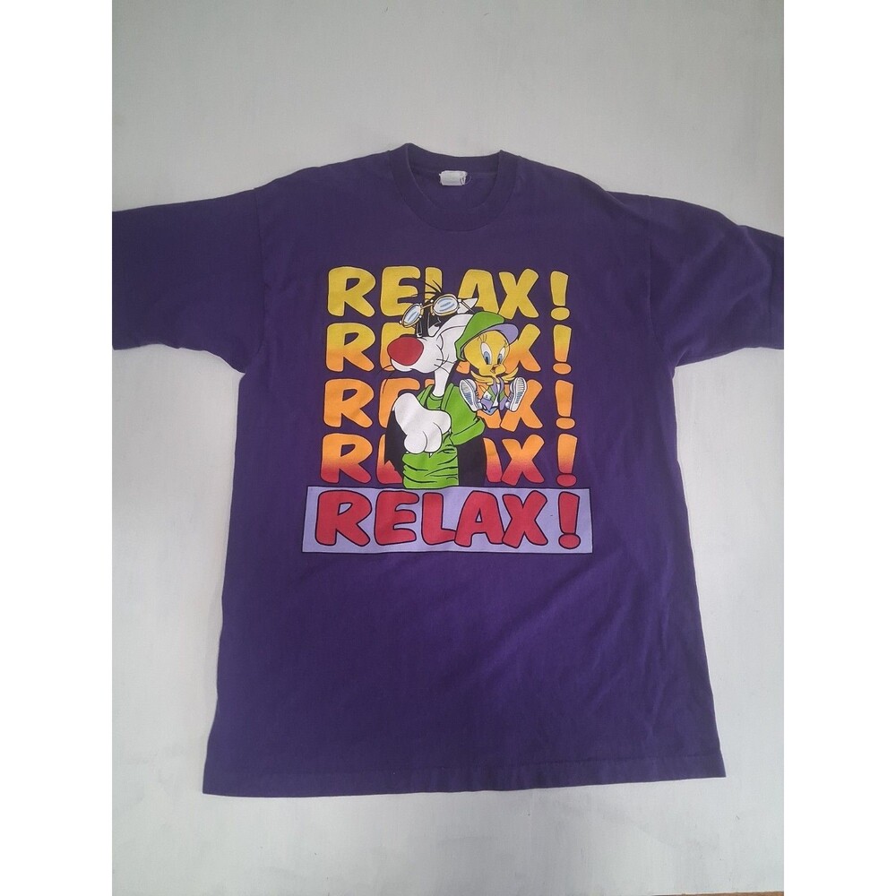 Vtg 90s Looney Tunes Tweety Bird Sylvester Relax Purple Tee T-Shirt Adult XL